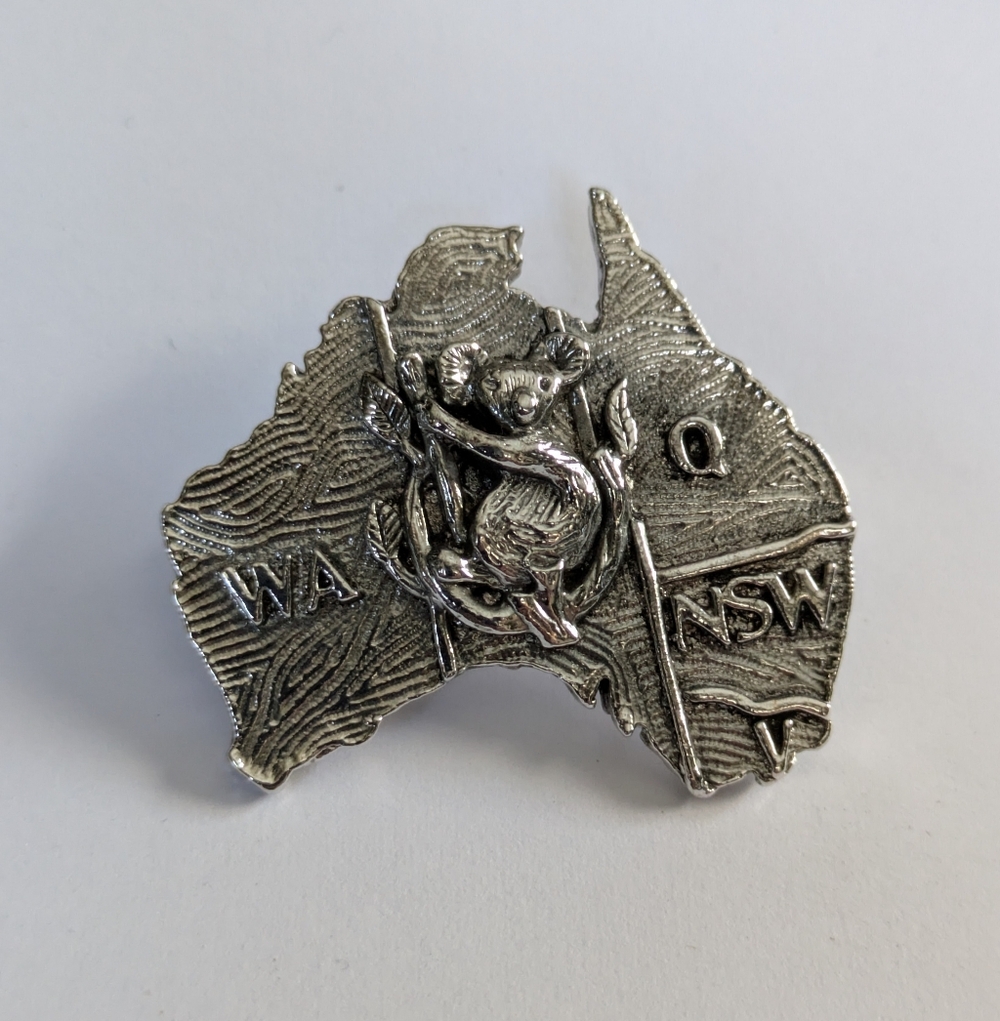 Vintage Brooch Map Of Australia Koala Silvertone Bohemian Boho Souvenir Pin